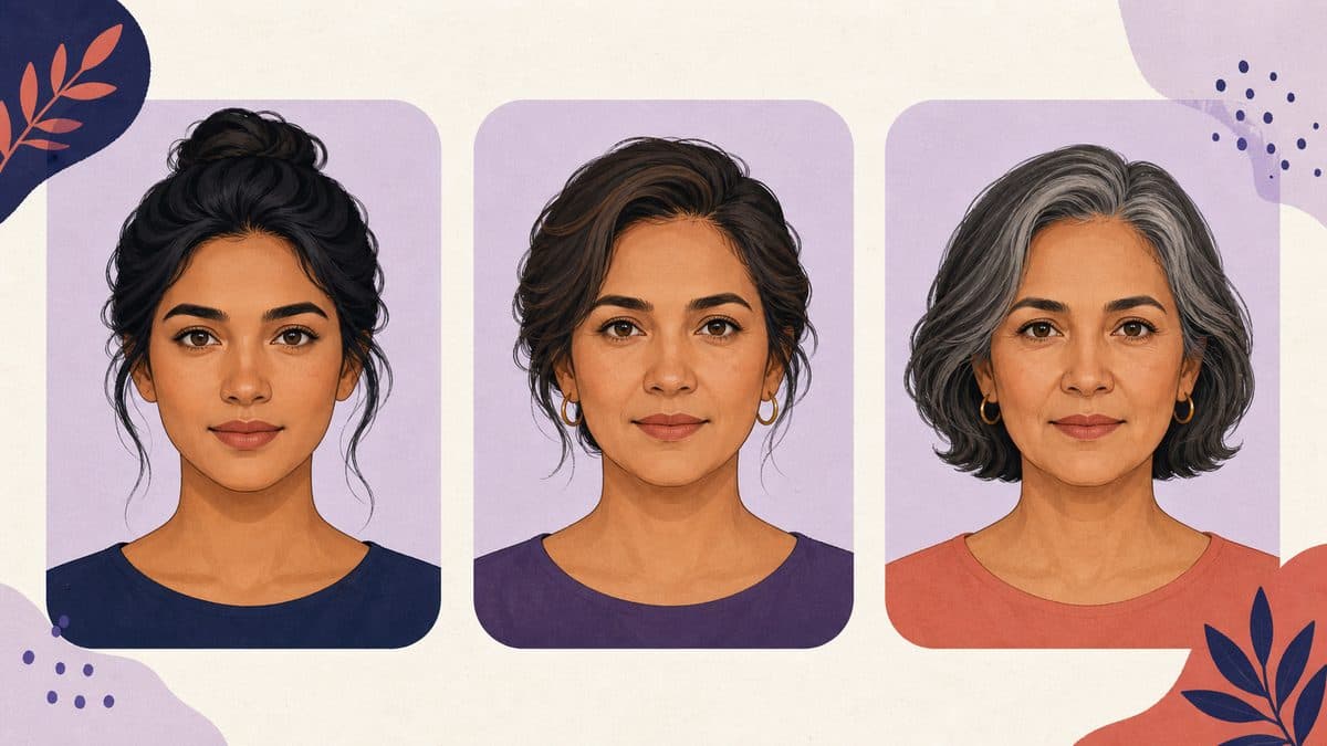 Respectful illustration of the same adult face across three life stages