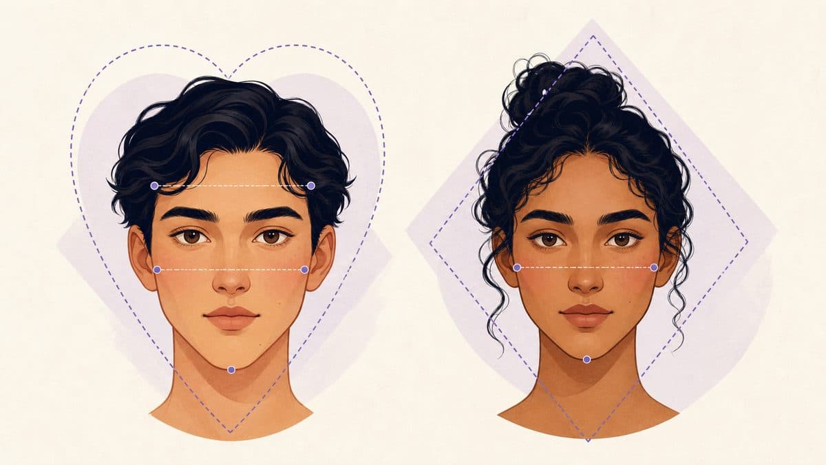 Illustrated heart and diamond face shapes with width landmarks shown side by side