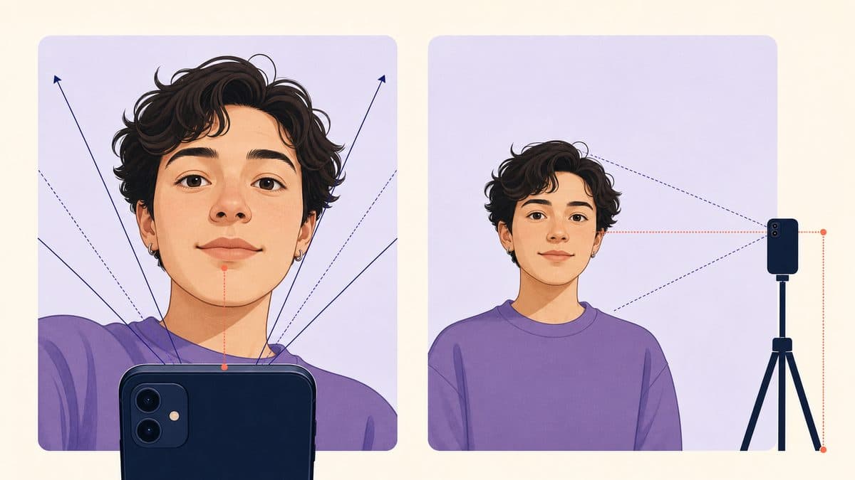 Illustration comparing a close phone selfie with an eye-level photo taken from farther away